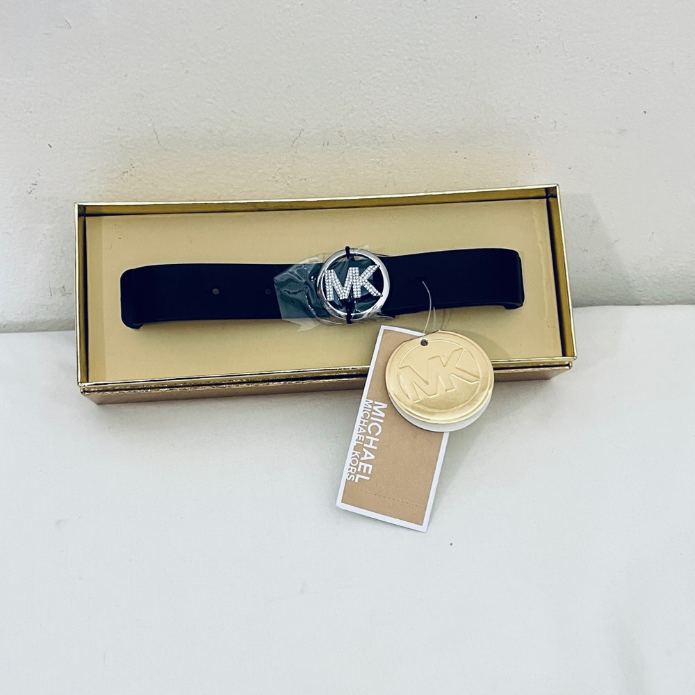 Michael Kors Womens Black Leather Belt Gold Buckle (S/M) - Picture 7 of 10